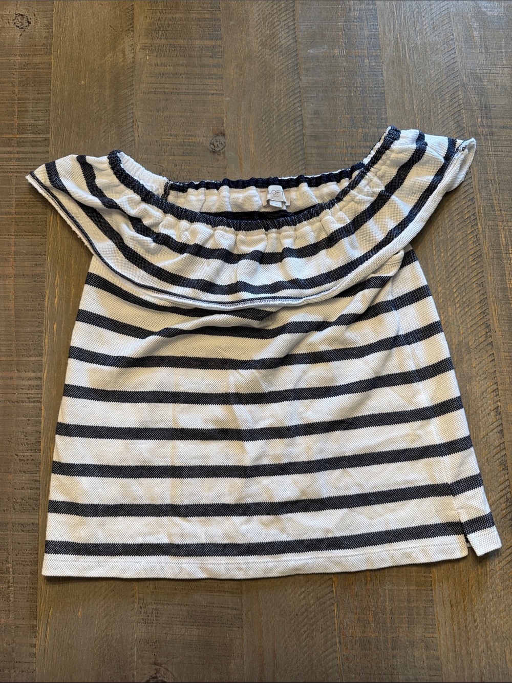 LOFT Navy and White Striped Off-Shoulder Ruffle Top